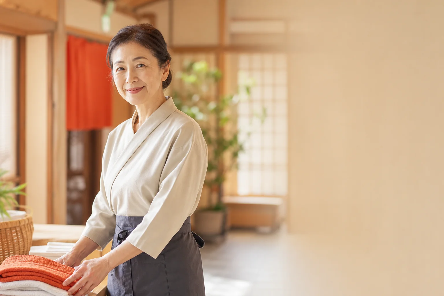 温泉地の旅館で穏やかに微笑む60代の女性スタッフ
